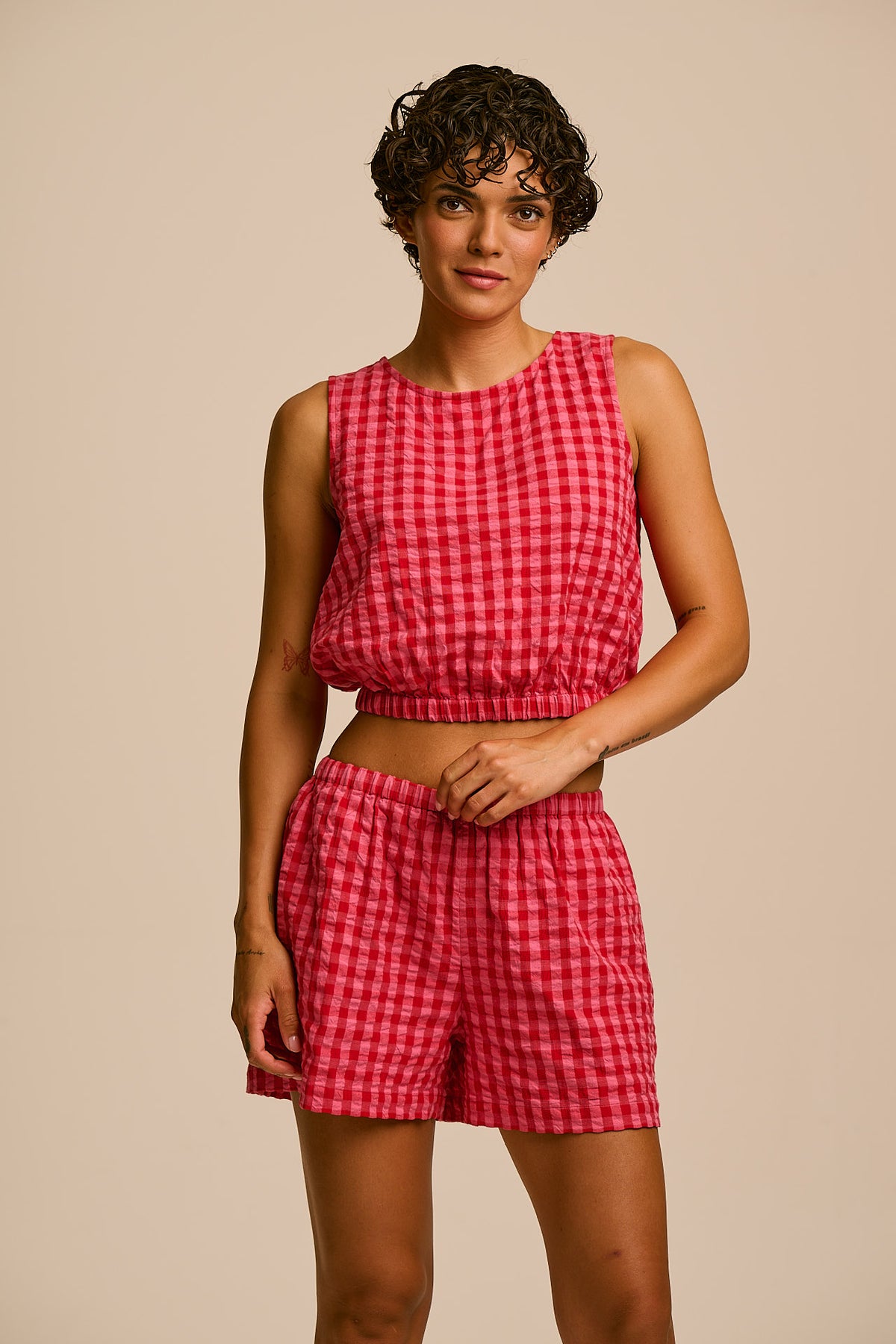 Lumi - Cropped Top Organic Cotton in Pink & Red Check
