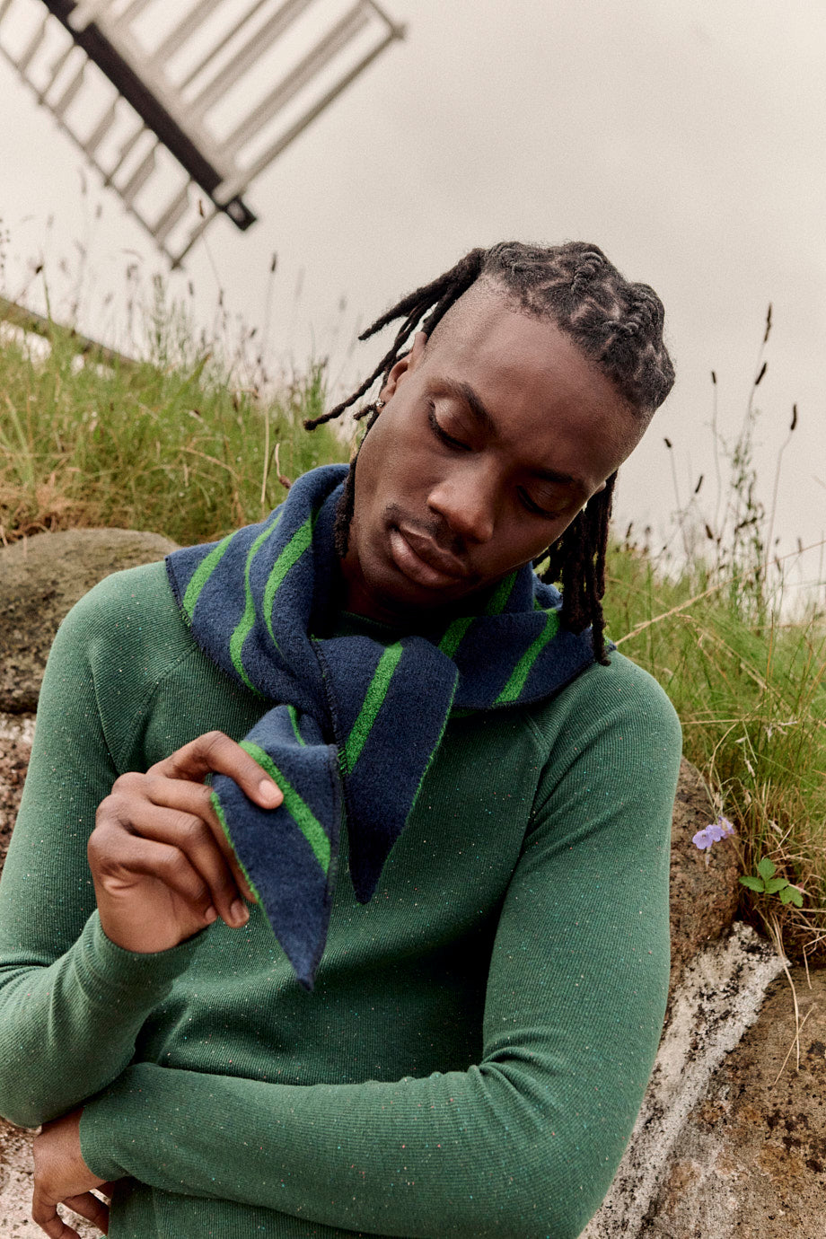 Loki - Neck Scarf Recycled Polyester in Blue & Green Stripe
