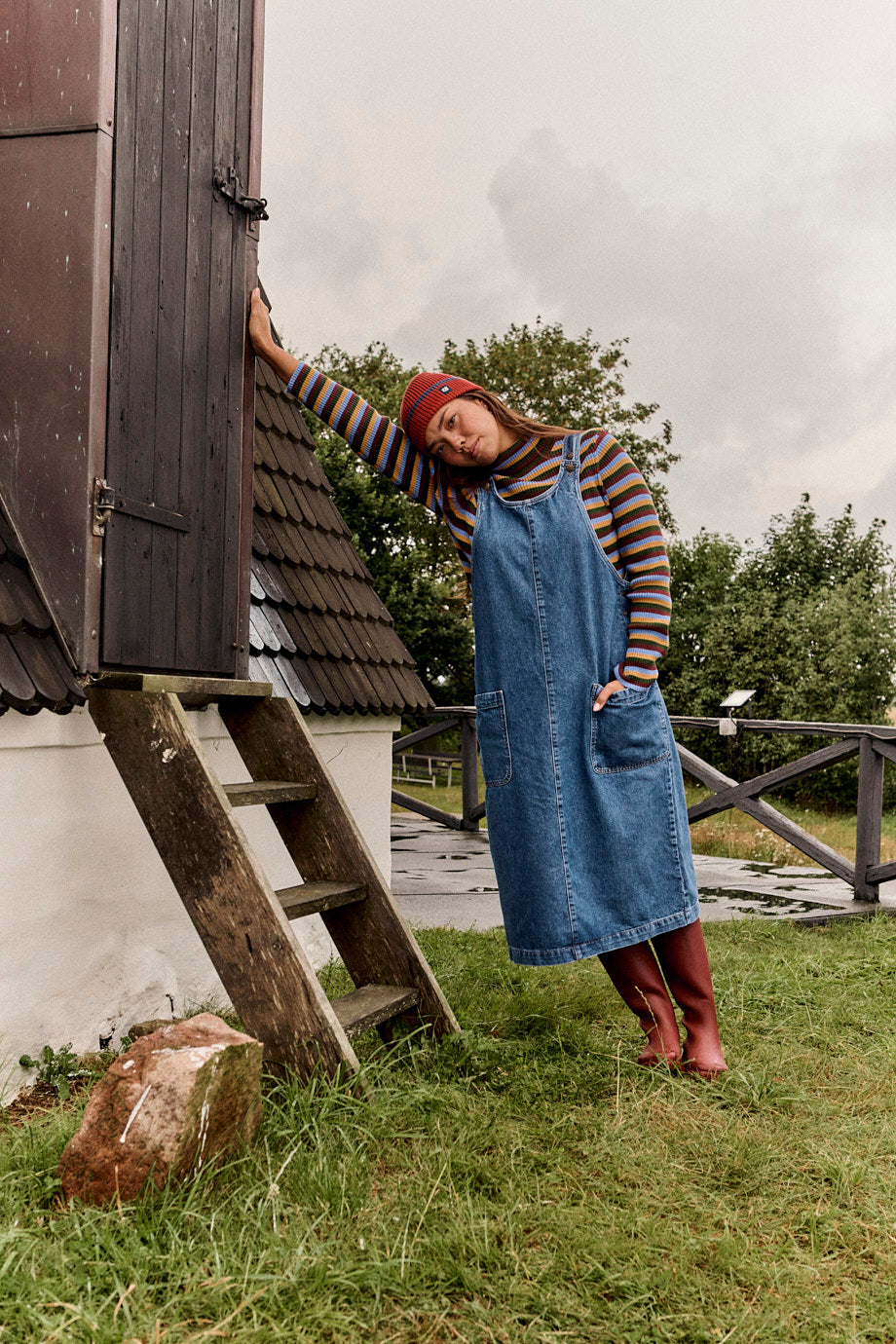 Lily - Pinafore Midi Dress Organic Cotton Denim in Mid Wash