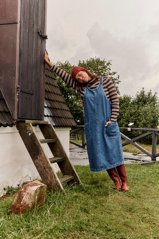 Lily - Pinafore Midi Dress Organic Cotton Denim in Mid Wash
