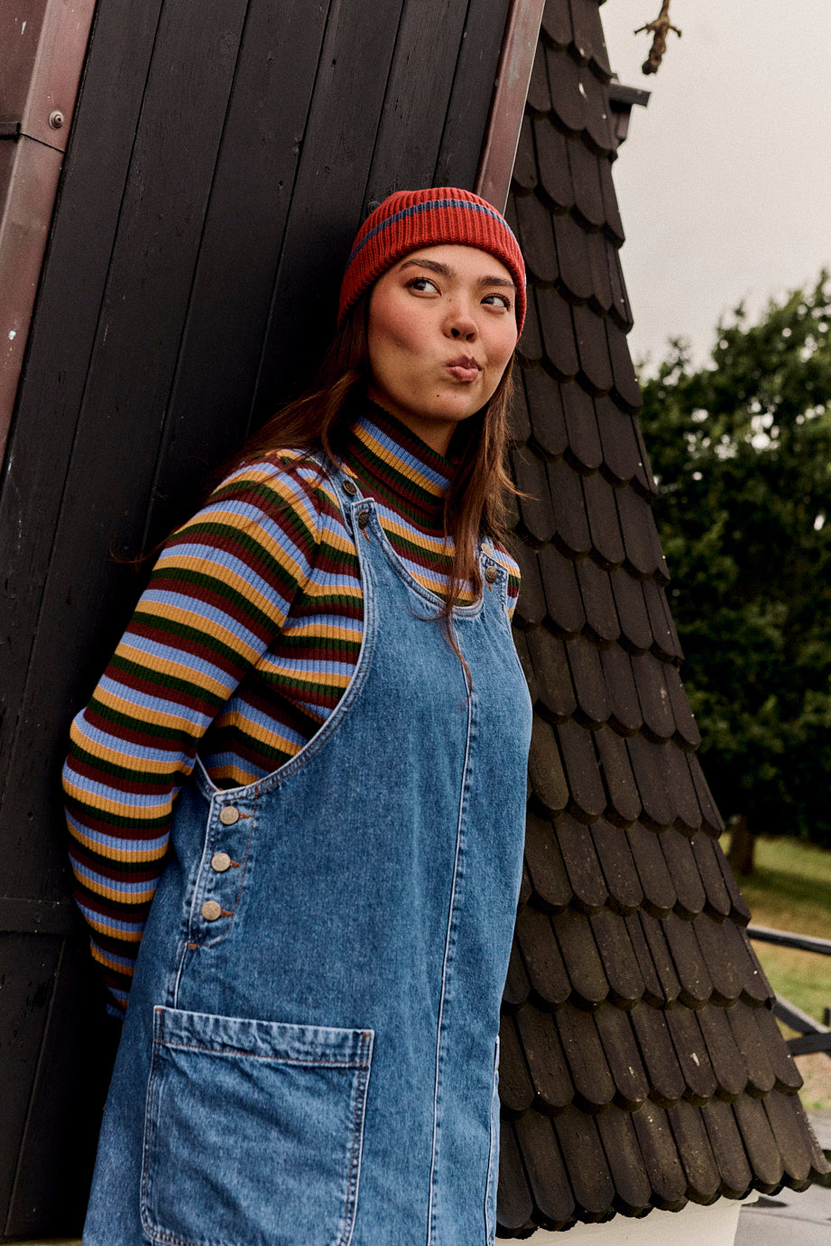 Lily - Pinafore Midi Dress Organic Cotton Denim in Mid Wash