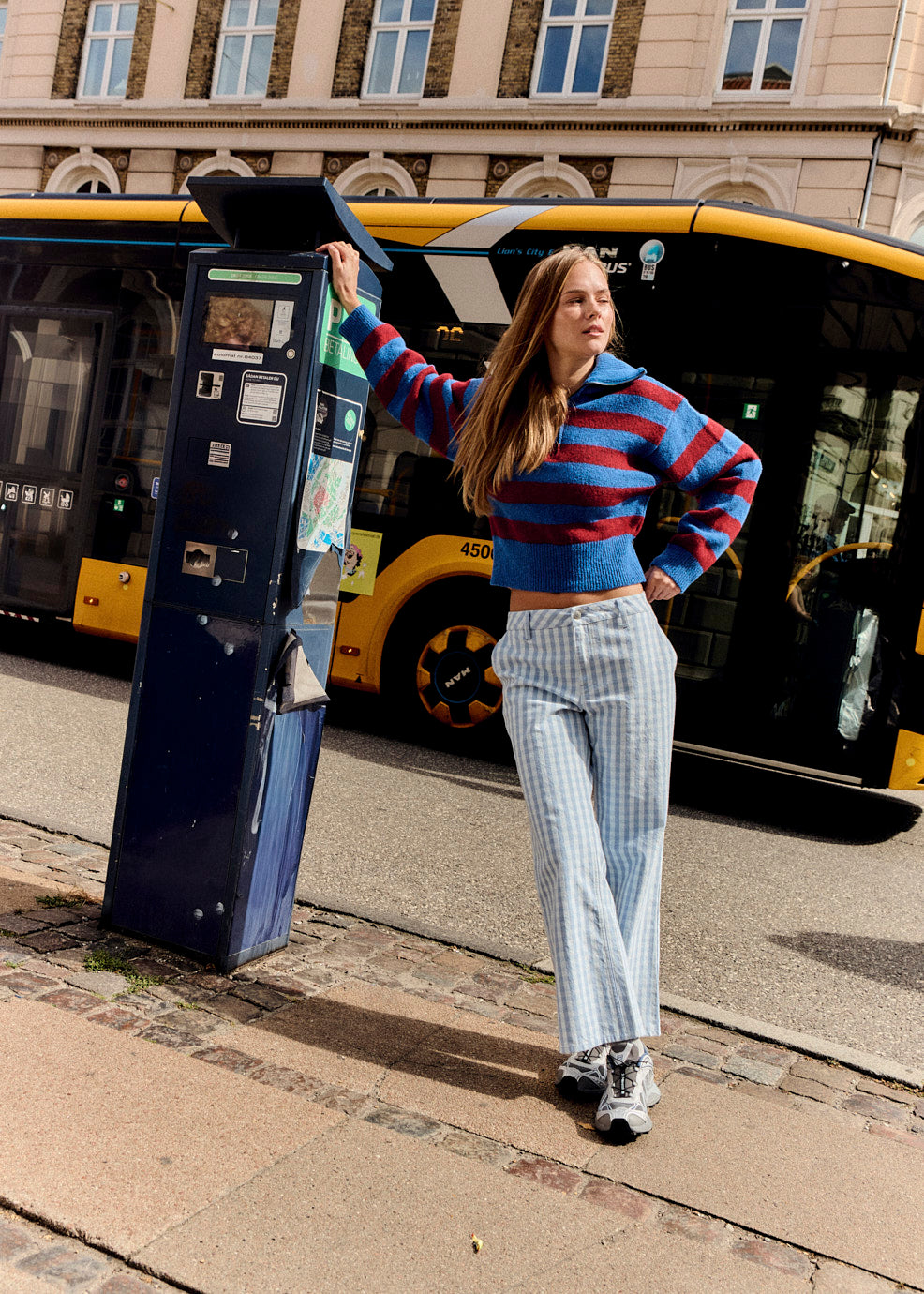 Oscar - Half Zip Jumper Recycled Polyester Knit in Burgundy & Blue Stripe