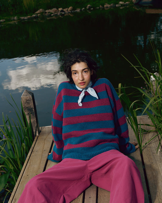 Areum - Oversized Jumper Recycled Polyester Knit in Beetroot Stripe