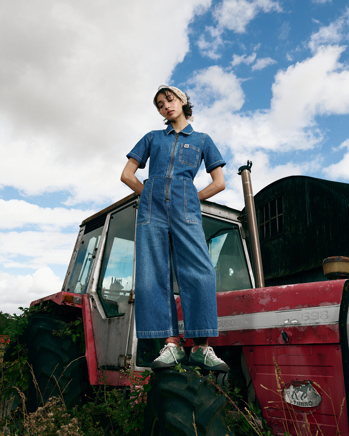 Ragan - Cropped Leg Jumpsuit Organic Cotton Denim in New Mid Wash Blue