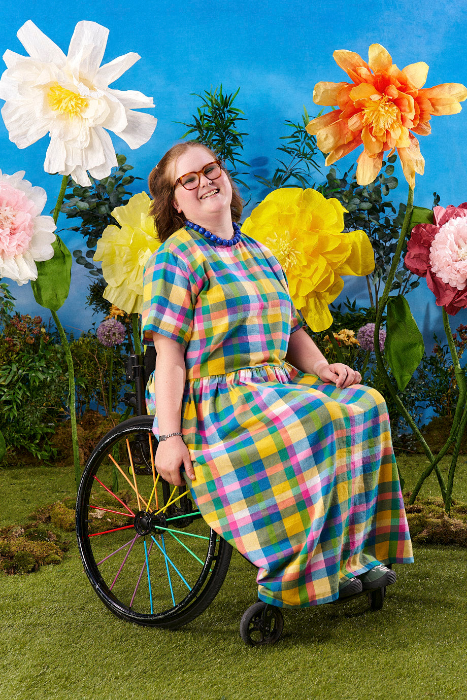 Georgia - Drop Waist Midi Dress Organic Brushed Cotton in Retro Picnic Fun Check