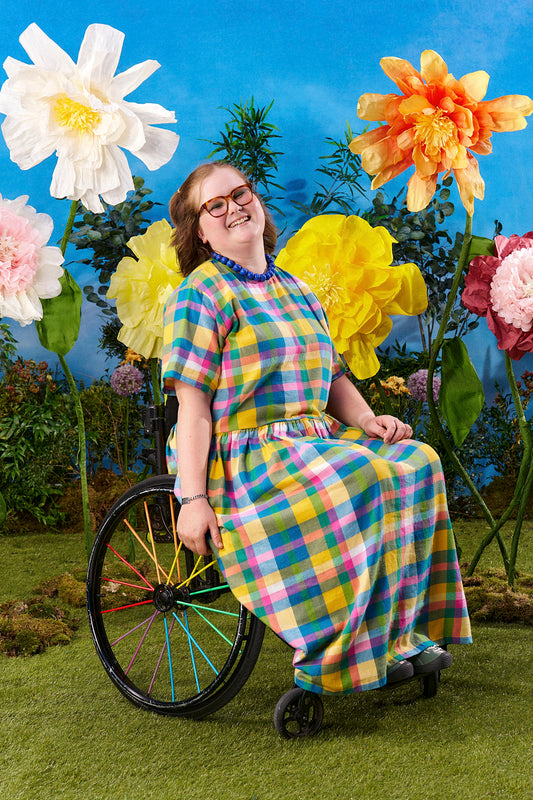 Georgia - Drop Waist Midi Dress Organic Brushed Cotton in Retro Picnic Fun Check