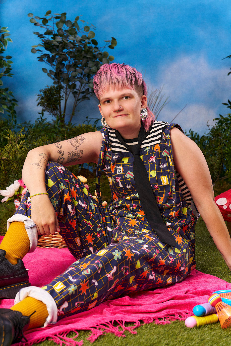 Original - Straight Leg Dungarees Organic Cotton in Punk Energy Grid Motif