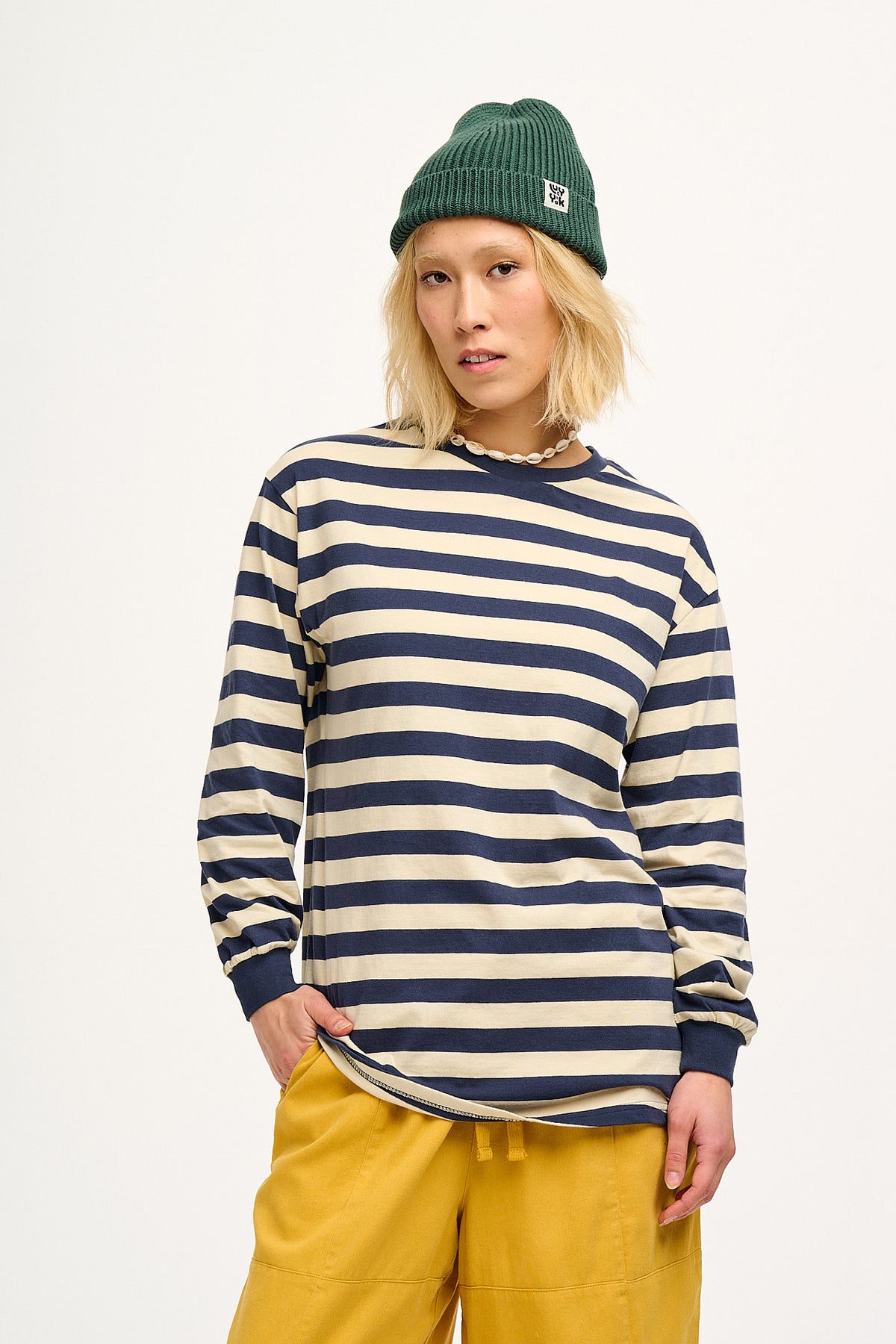 Kenny - Long Sleeve Skater T-Shirt Organic Cotton in Navy & Ecru Stripe