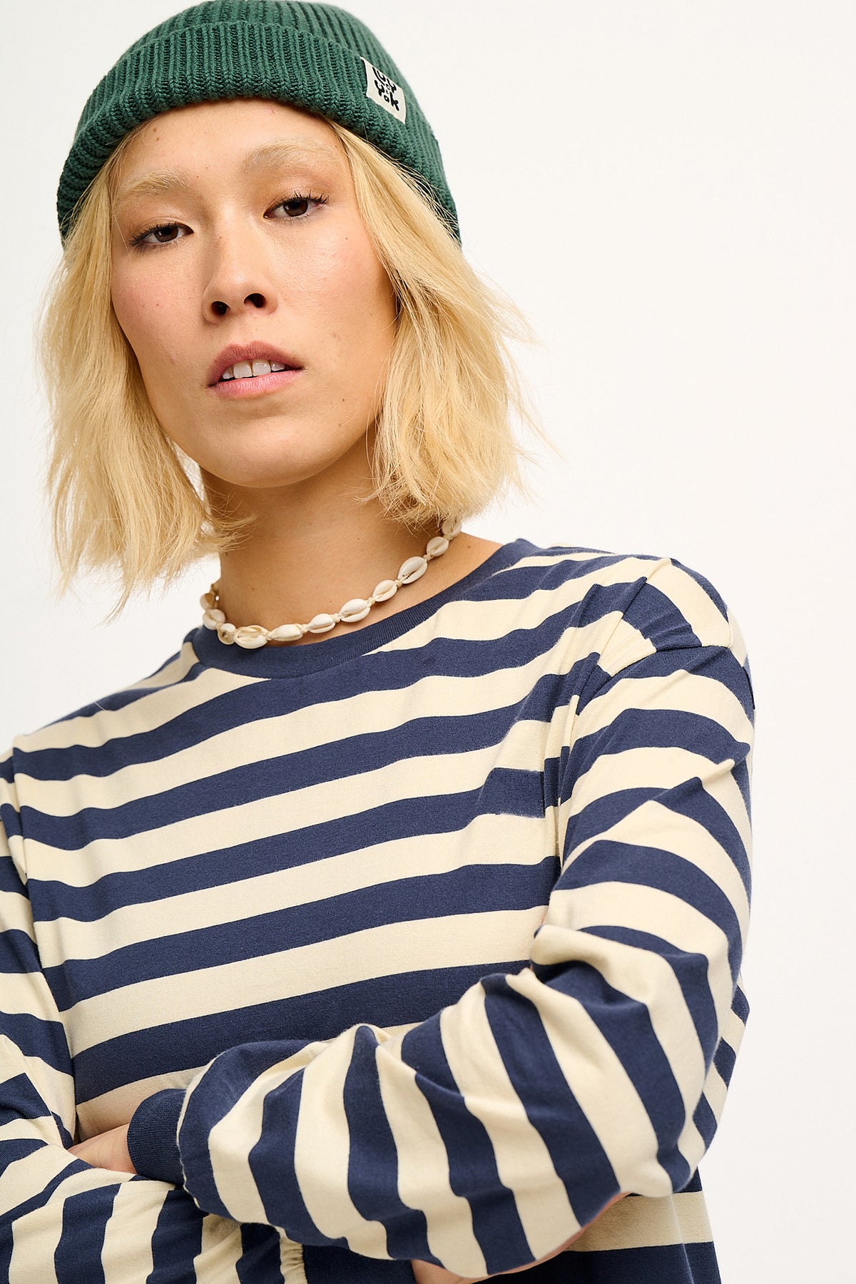 Kenny - Long Sleeve Skater T-Shirt Organic Cotton in Navy & Ecru Stripe