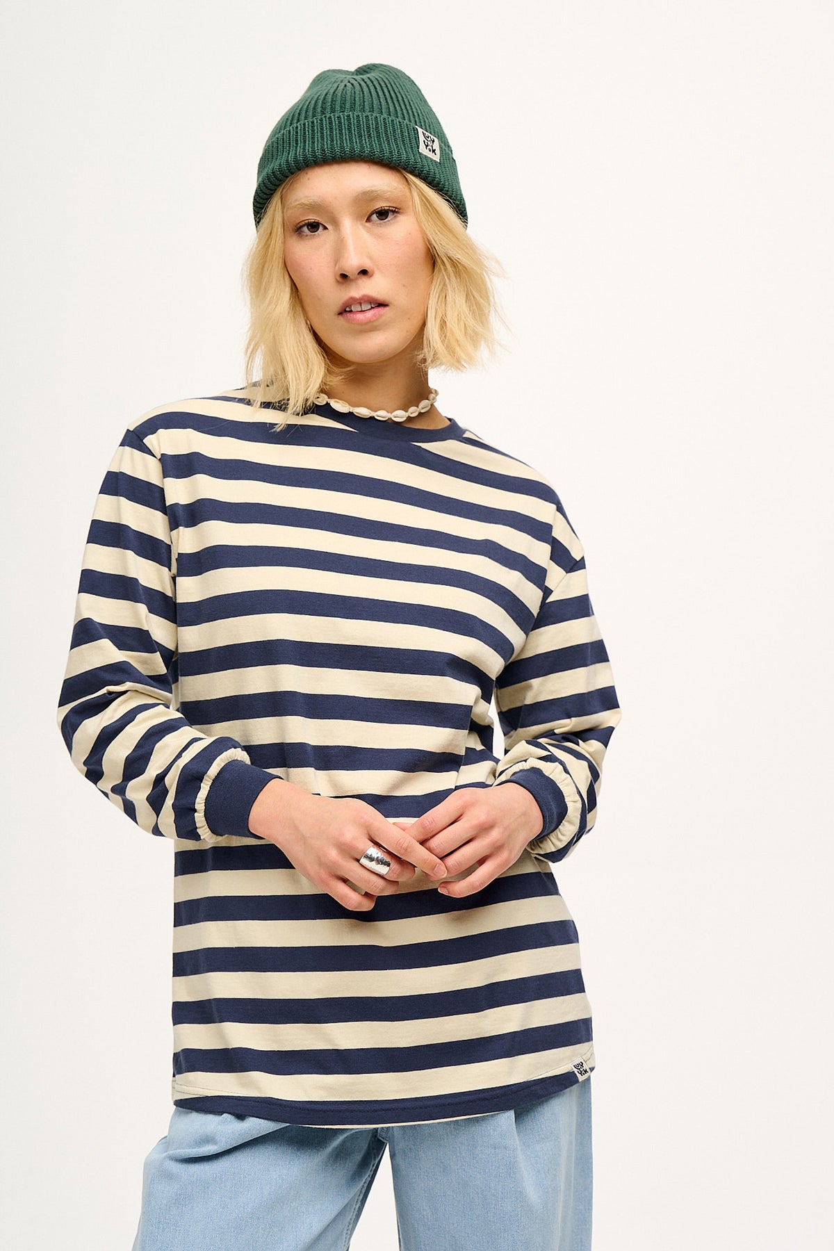 Kenny - Long Sleeve Skater T-Shirt Organic Cotton in Navy & Ecru Stripe