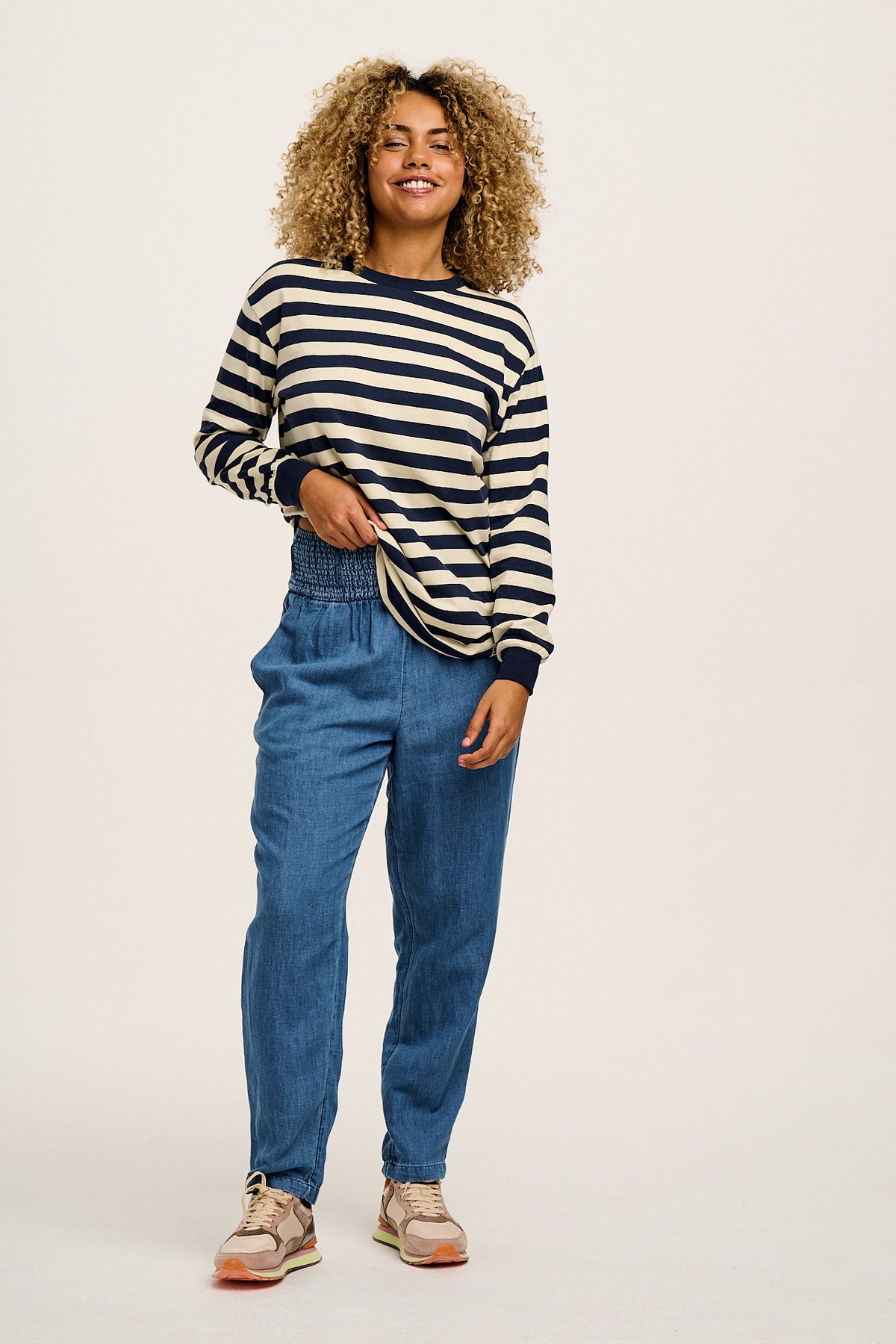 Kenny - Long Sleeve Skater T-Shirt Organic Cotton in Navy & Ecru Stripe