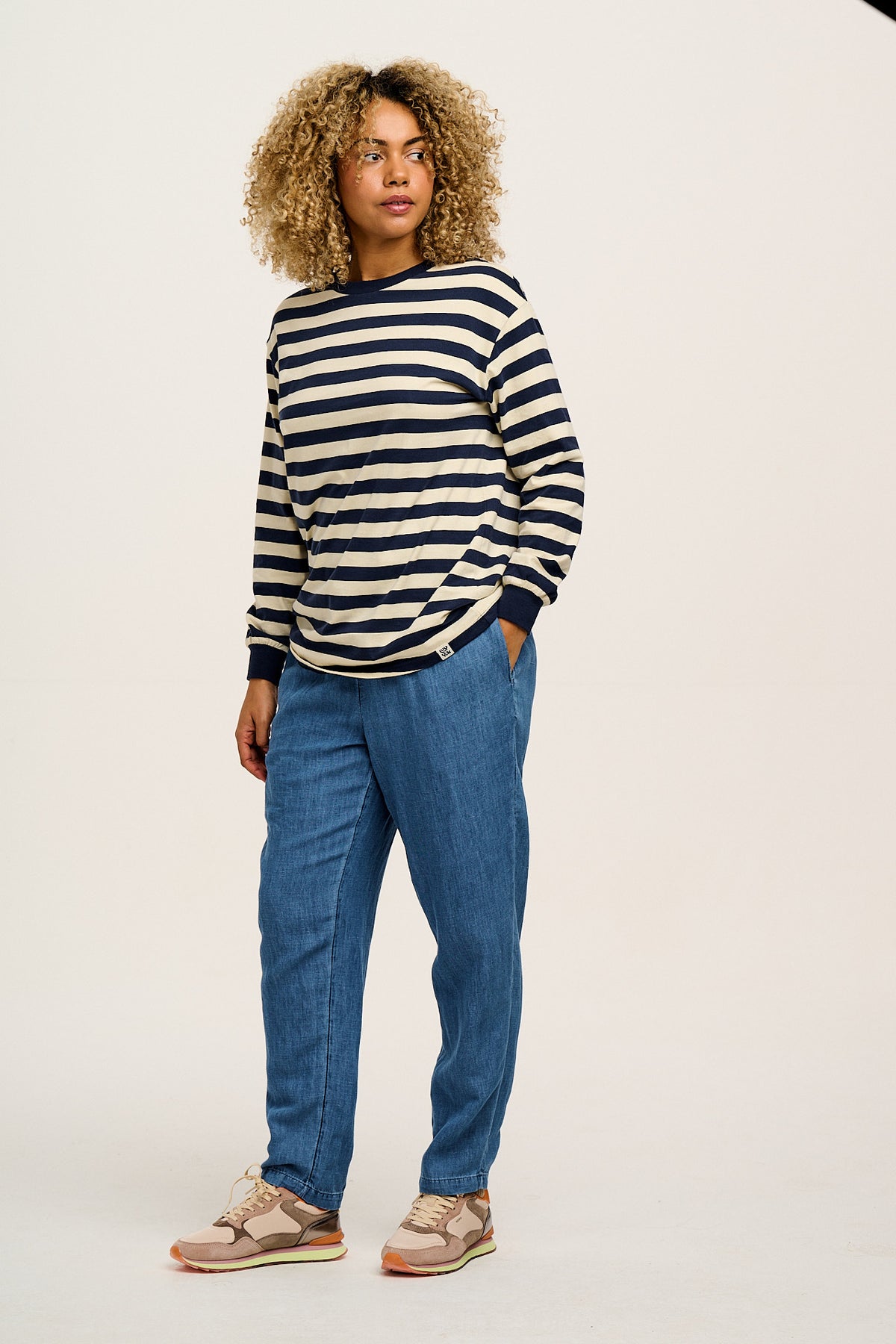 Kenny - Long Sleeve Skater T-Shirt Organic Cotton in Navy & Ecru Stripe