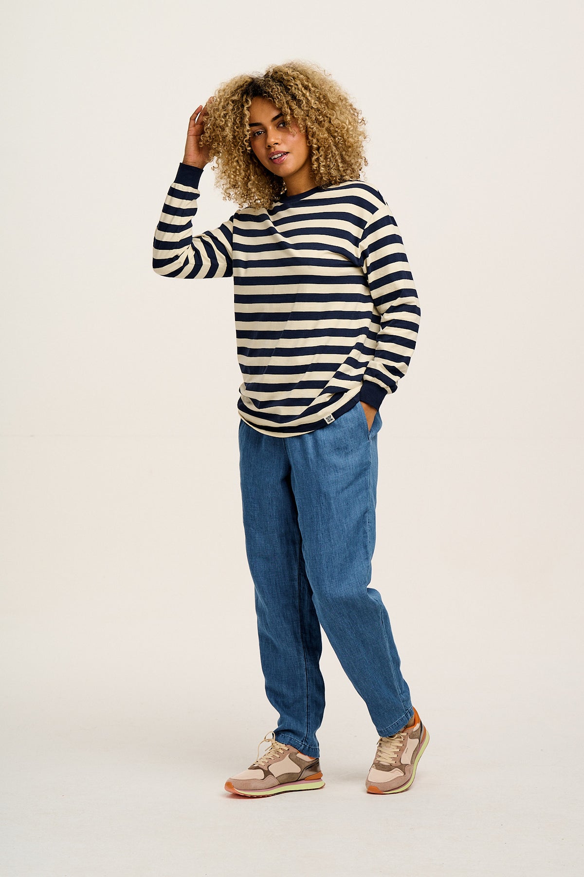 Kenny - Long Sleeve Skater T-Shirt Organic Cotton in Navy & Ecru Stripe