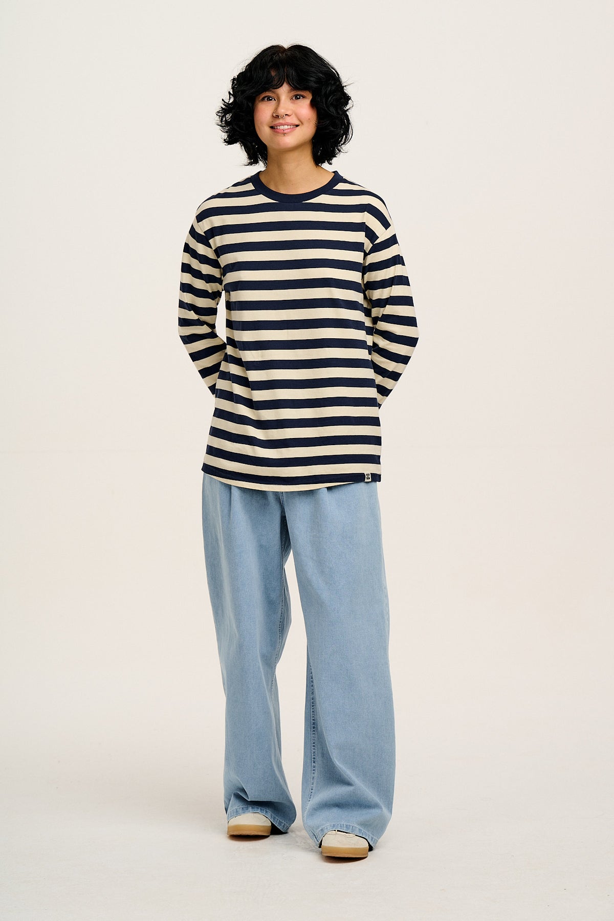Kenny - Long Sleeve Skater T-Shirt Organic Cotton in Navy & Ecru Stripe