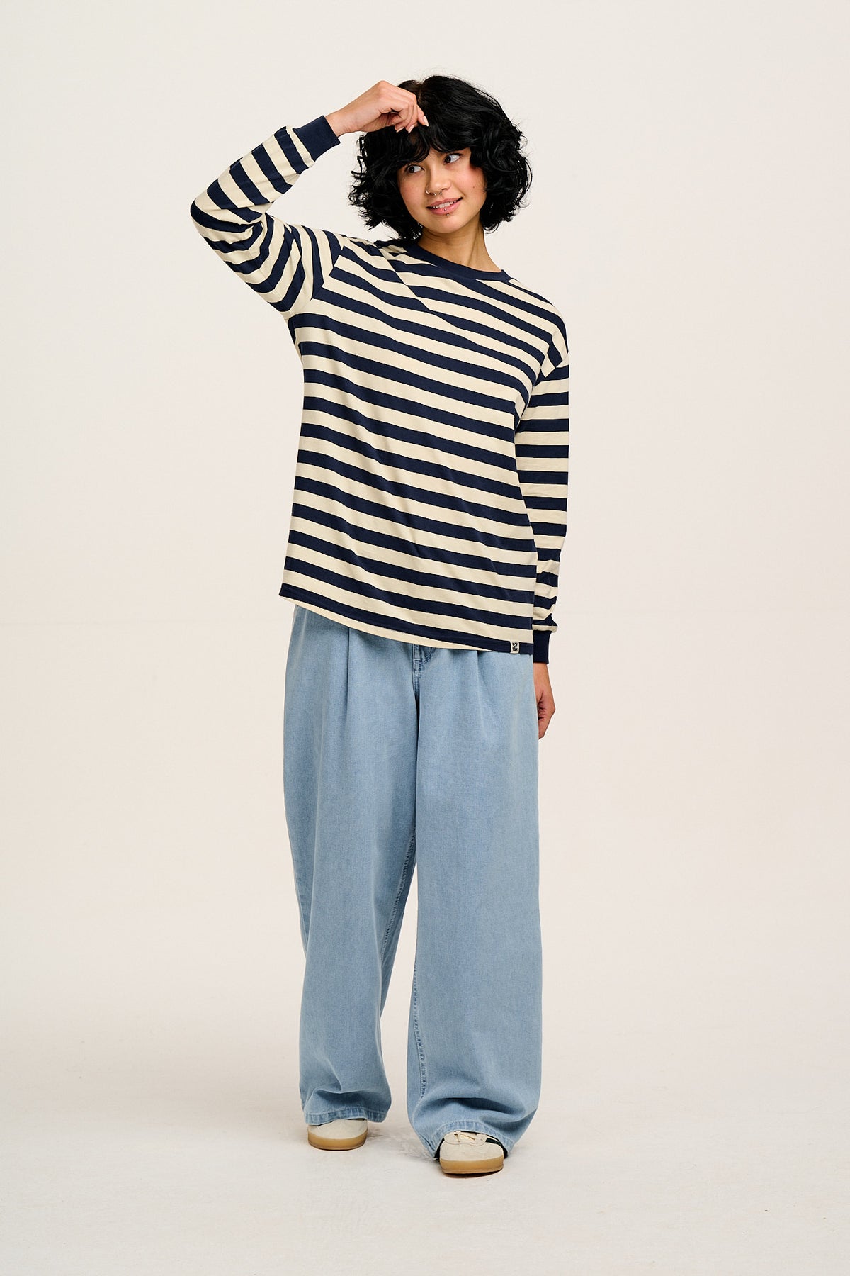 Kenny - Long Sleeve Skater T-Shirt Organic Cotton in Navy & Ecru Stripe