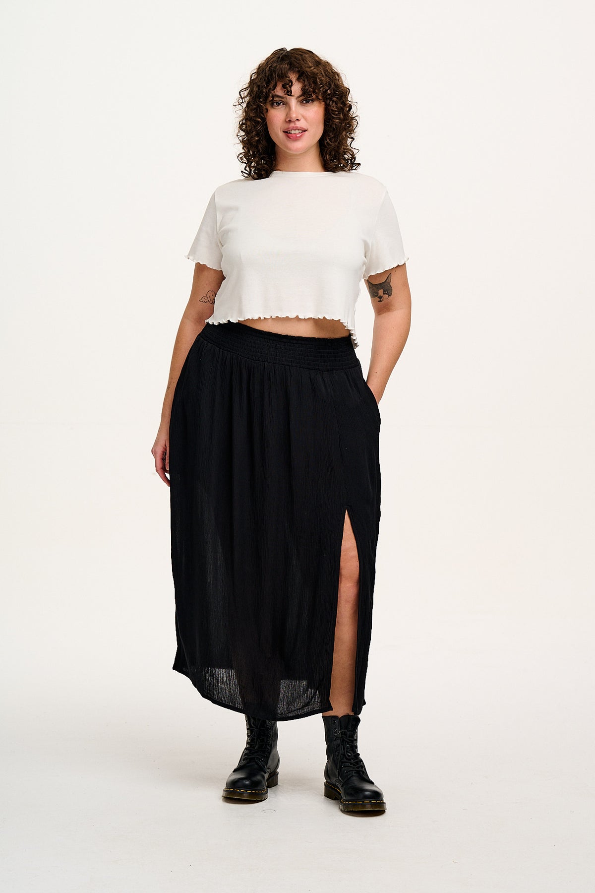 Poppy - Elasticated Waist Midi Skirt ECOVERO Viscose in Black