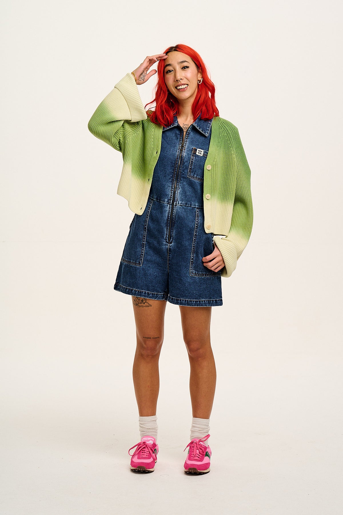 Riley - Short Sleeve Playsuit Organic Cotton Denim in Mid Wash Blue