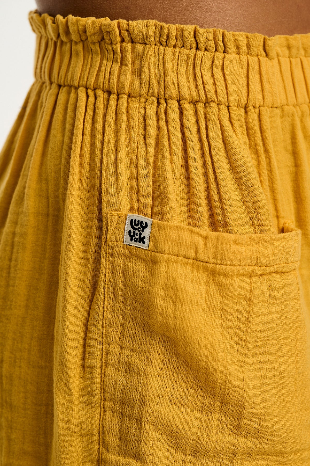 Sierra - Mid-Thigh Shorts Organic Cotton Gauze in Mustard Yellow