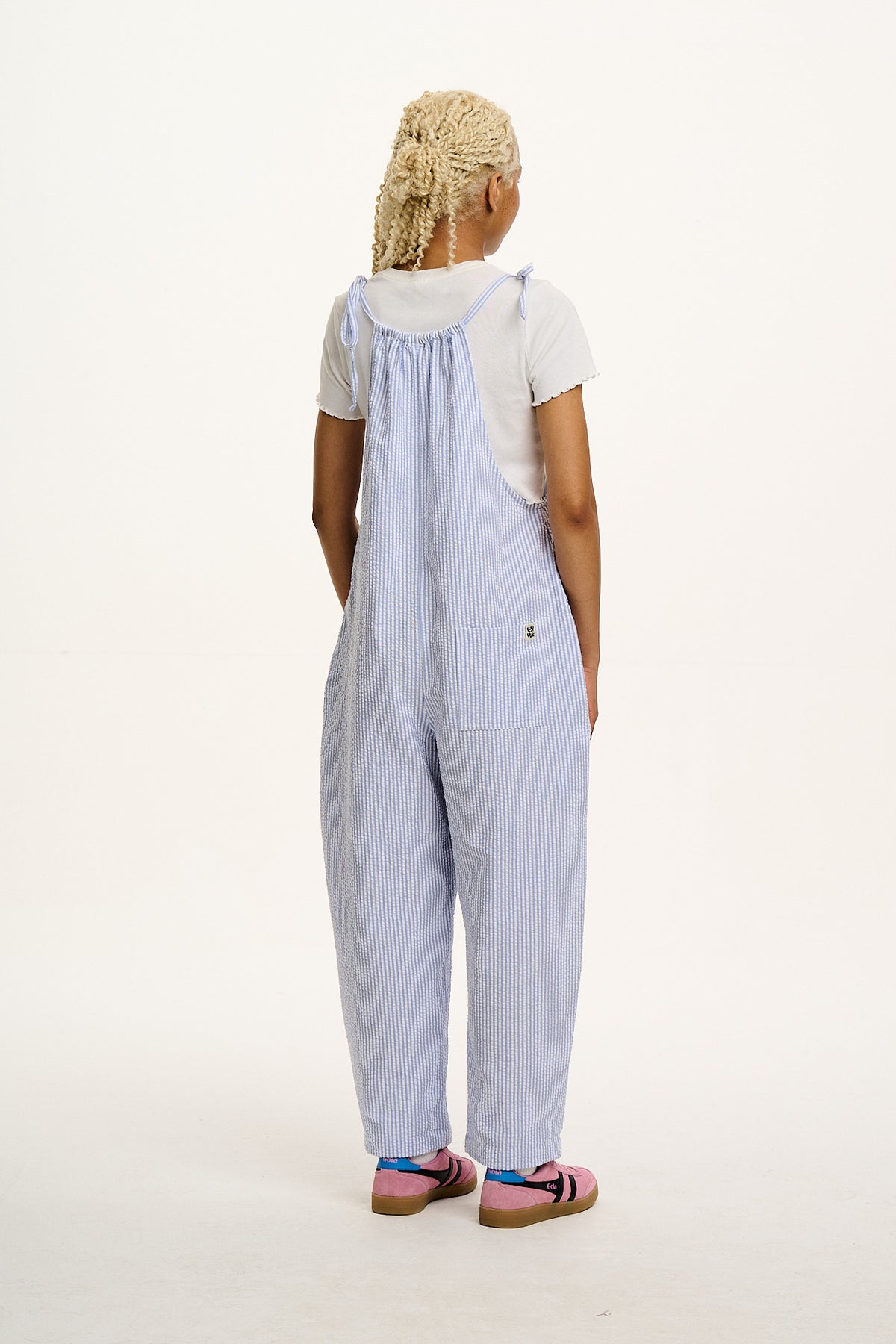 Ramona - Barrel Leg Jumpsuit Organic Cotton Seersucker in Blue Stripe