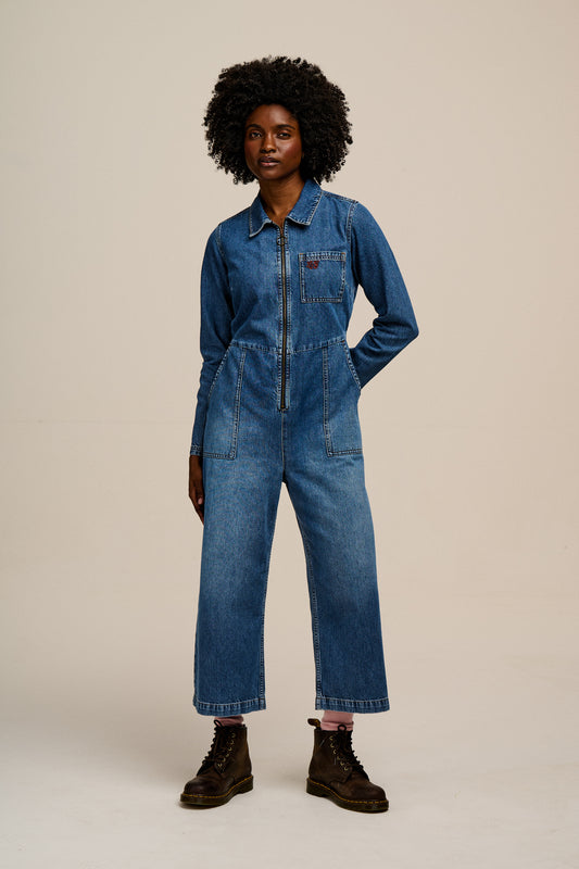 Tavira - Long Sleeve Jumpsuit Organic Cotton Denim in Vintage Wash