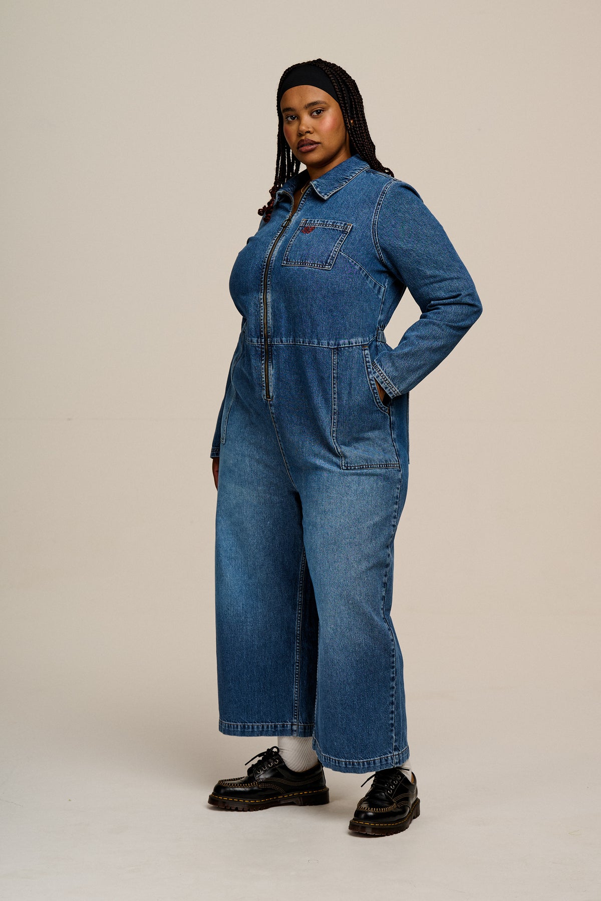 Tavira - Long Sleeve Jumpsuit Organic Cotton Denim in Vintage Wash