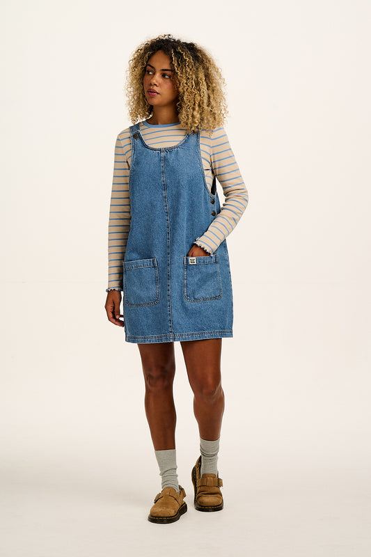 Layla - Pinafore Mini Dress Organic Cotton Denim in Mid Wash Blue