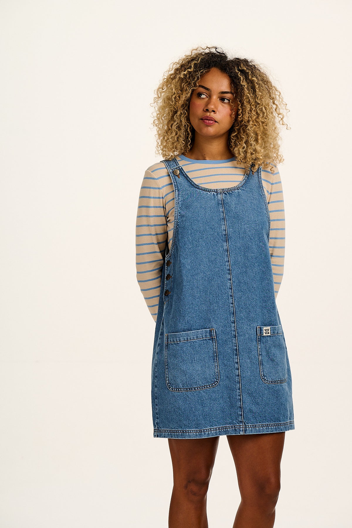 Layla - Pinafore Mini Dress Organic Cotton Denim in Mid Wash Blue