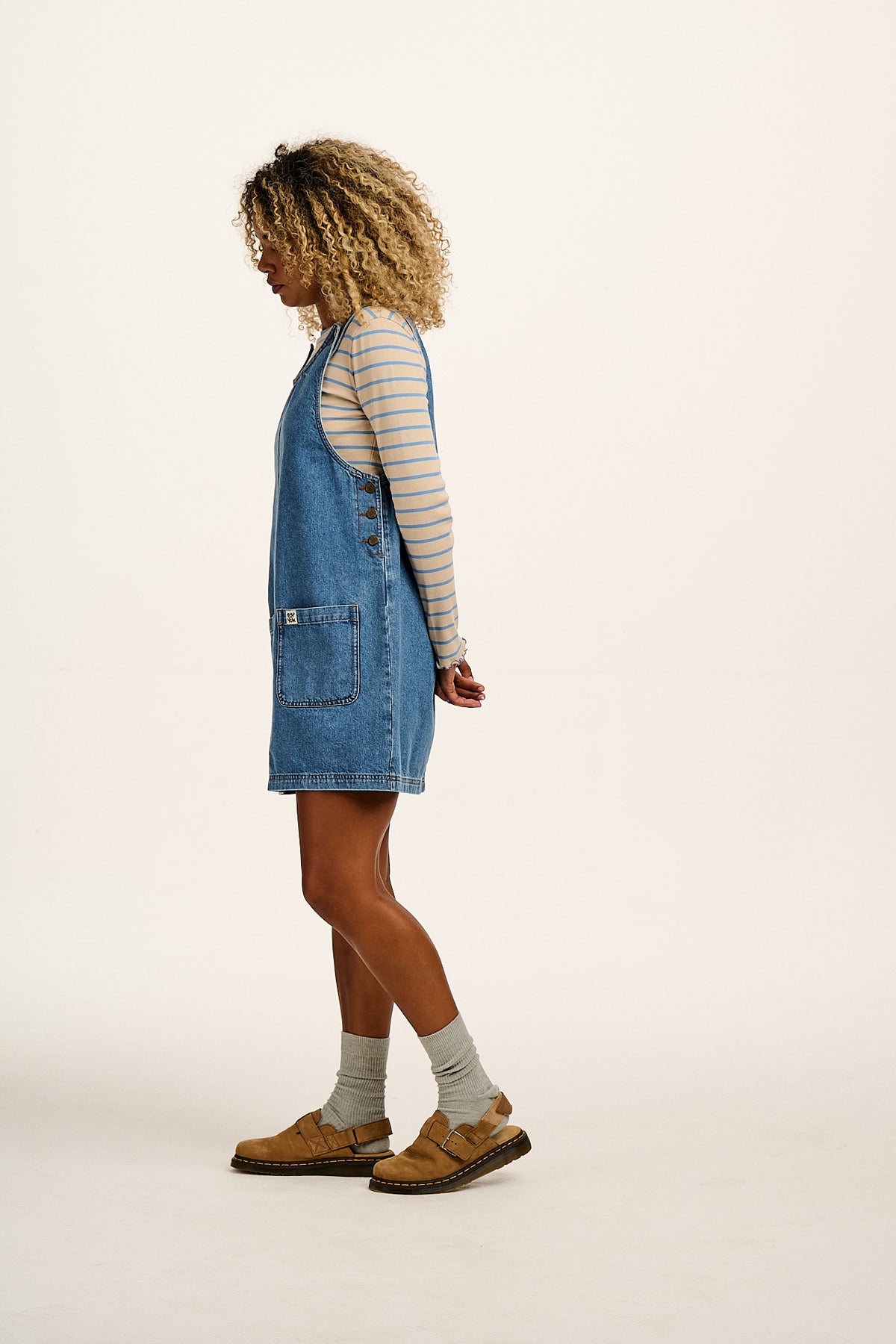 Layla - Pinafore Mini Dress Organic Cotton Denim in Mid Wash Blue