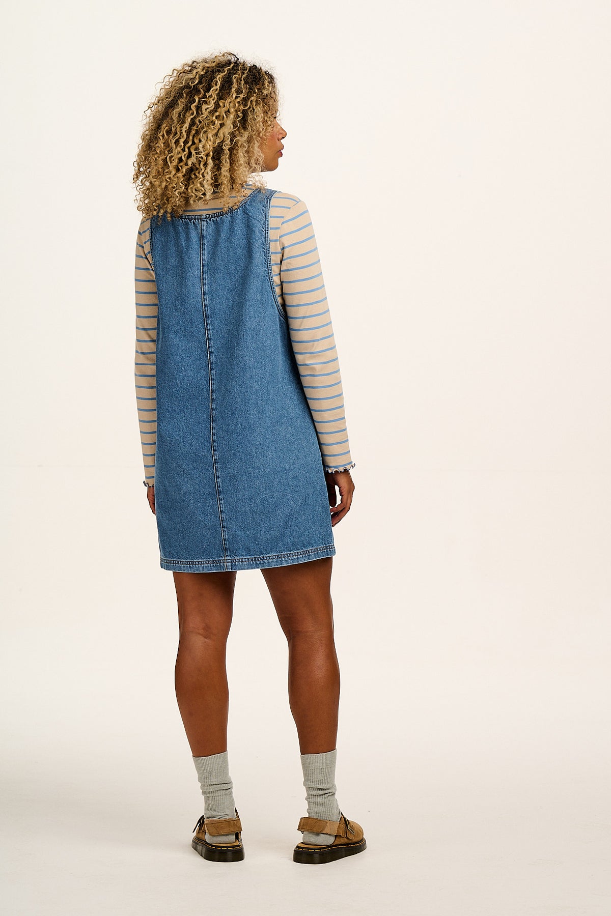Layla - Pinafore Mini Dress Organic Cotton Denim in Mid Wash Blue