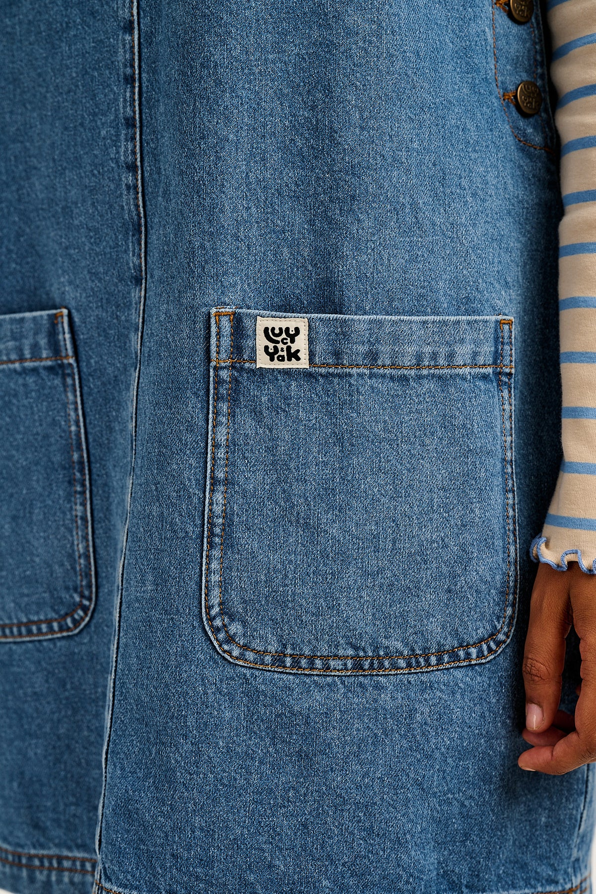 Layla - Pinafore Mini Dress Organic Cotton Denim in Mid Wash Blue