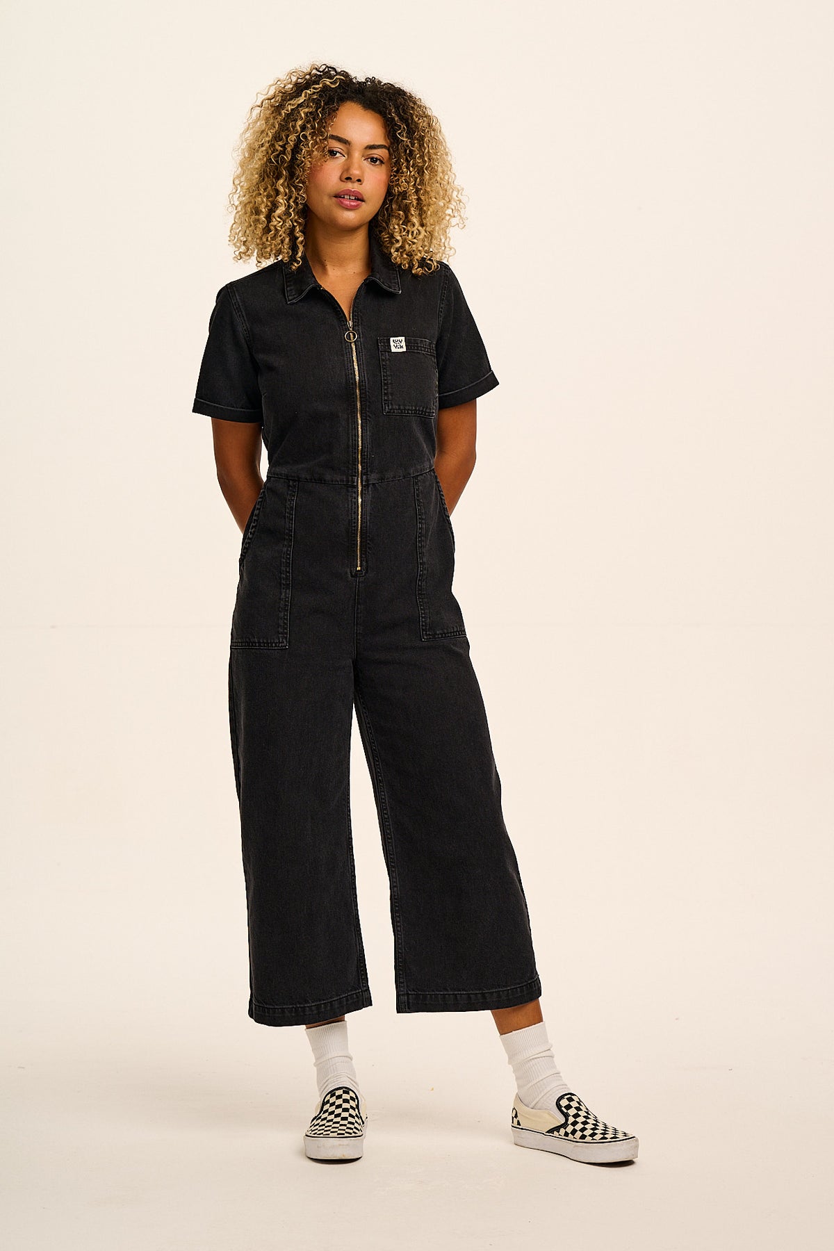 Ragan - Cropped Leg Jumpsuit Organic Cotton Denim in Black Wash