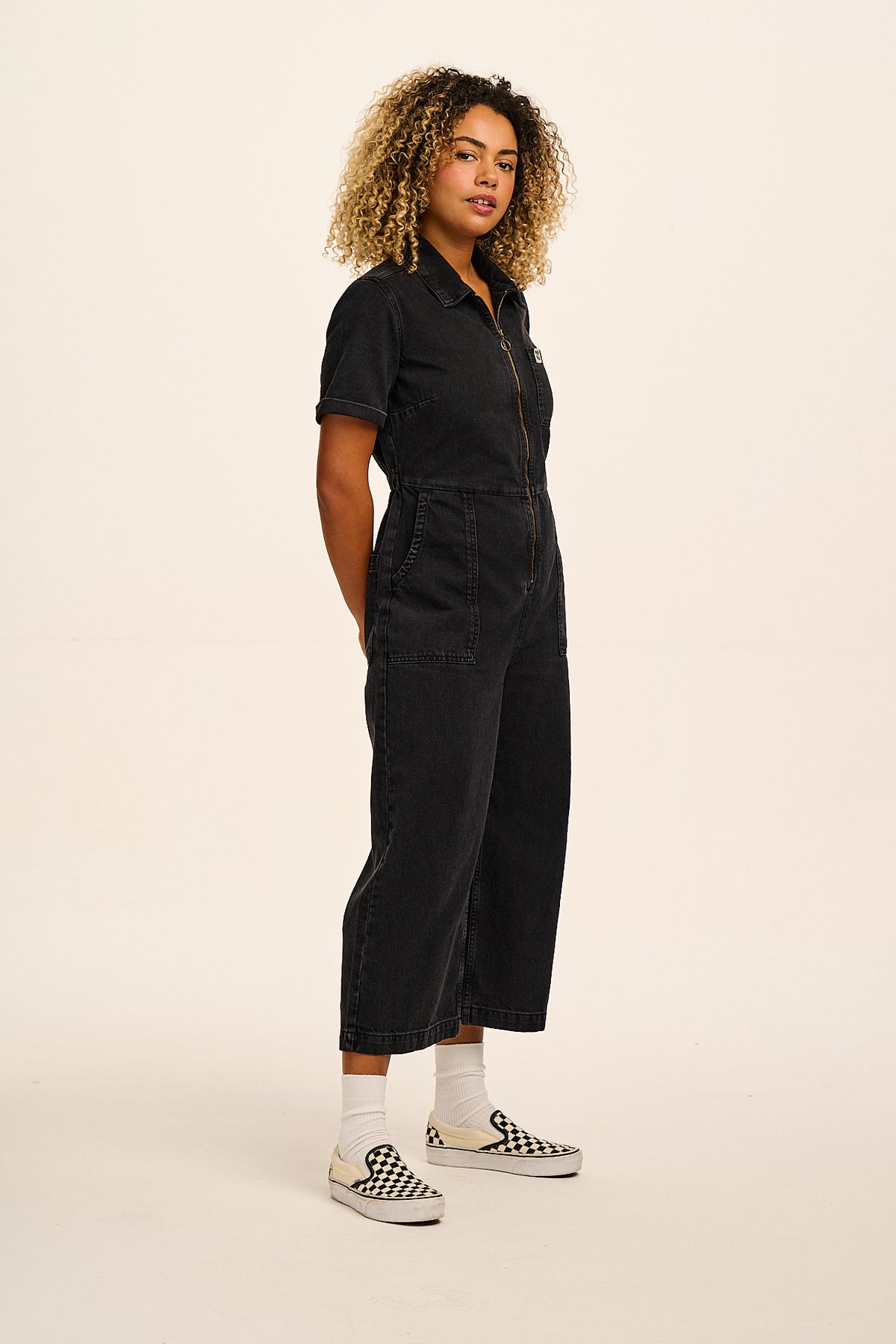 Ragan - Cropped Leg Jumpsuit Organic Cotton Denim in Black Wash