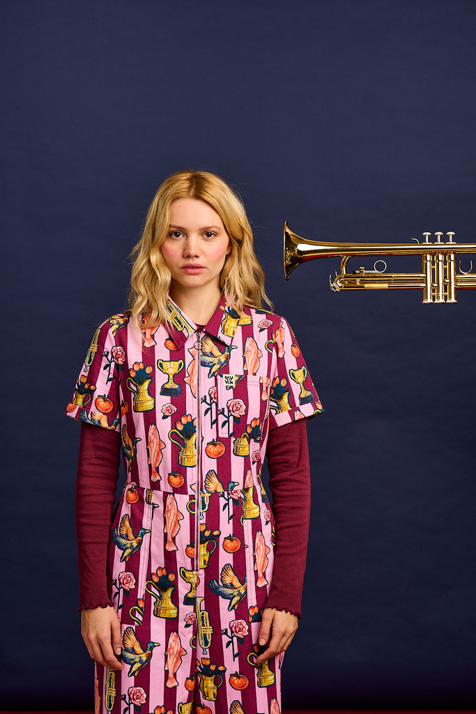 L.E. Ragan - Cropped Leg Jumpsuit Organic Cotton Twill in Artist Print by Emily Furr & Yak