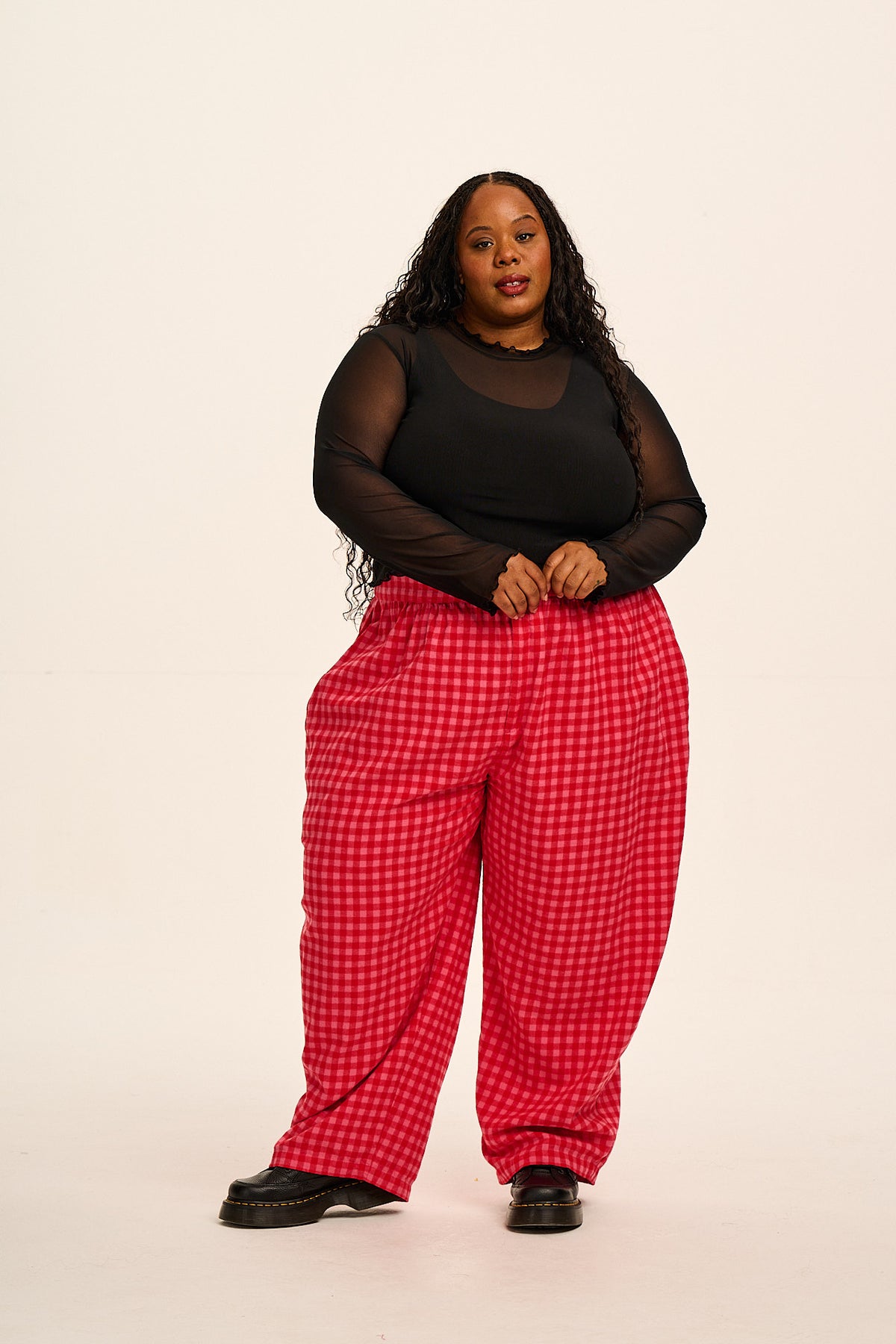 Beau - Barrel Leg Trousers Organic Brushed Cotton in Pink and Red Gingham