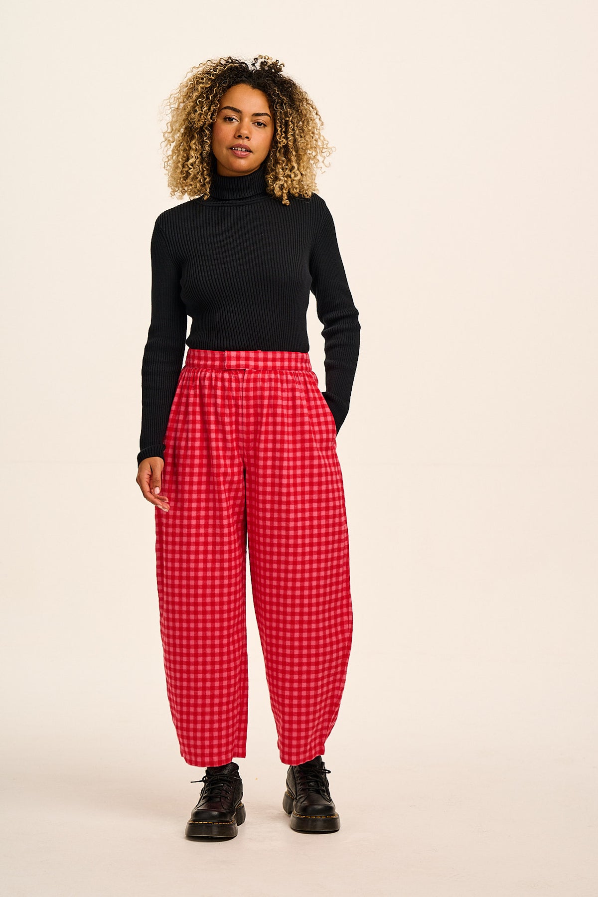 Beau - Barrel Leg Trousers Organic Brushed Cotton in Pink and Red Gingham