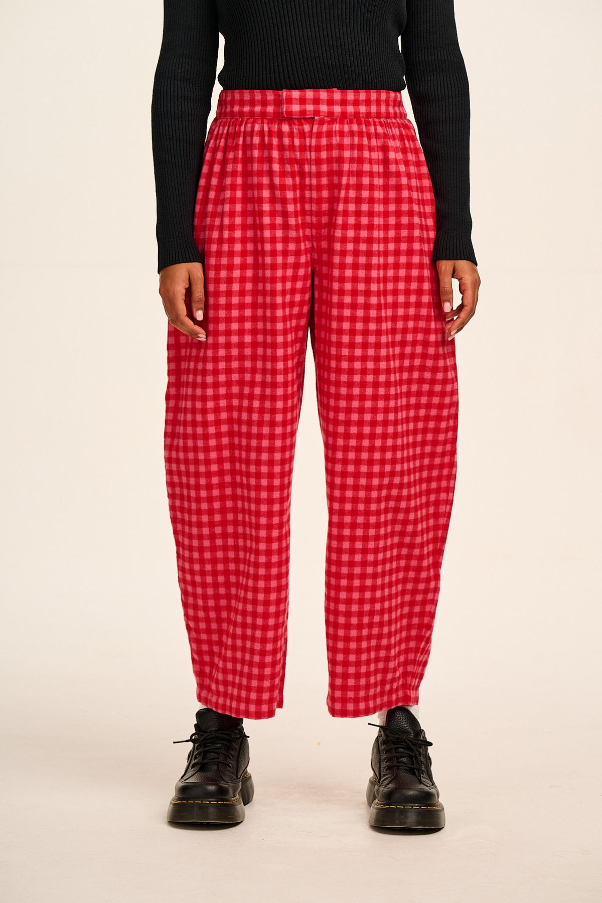 Beau - Barrel Leg Trousers Organic Brushed Cotton in Pink and Red Gingham