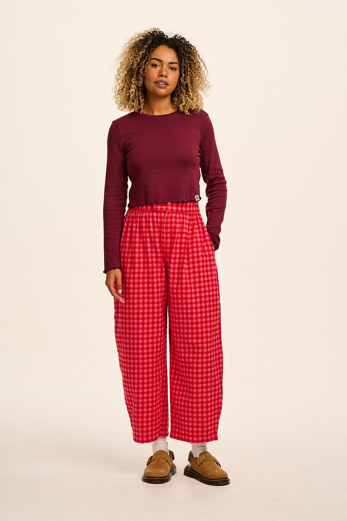 Beau - Barrel Leg Trousers Organic Brushed Cotton in Pink and Red Gingham