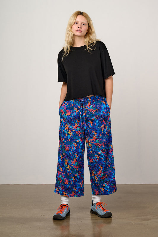 L.E. Chuck - Wide Leg Trousers - Organic Cotton in Digital Blur Natural History Museum & Yak