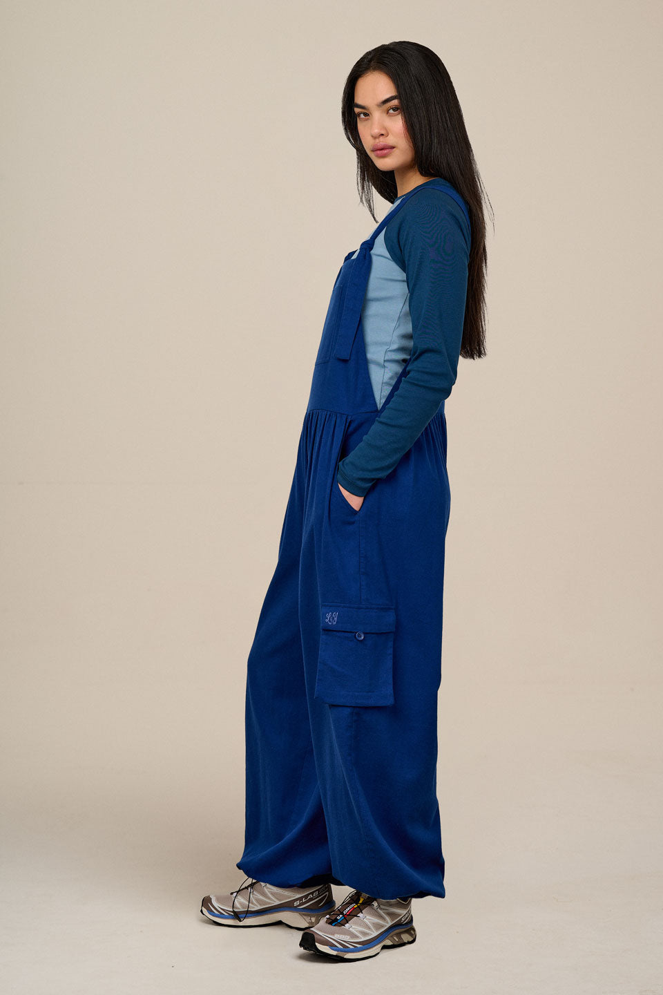 Miyada - Cuffed Leg Dungarees Organic Brushed Cotton in Navy