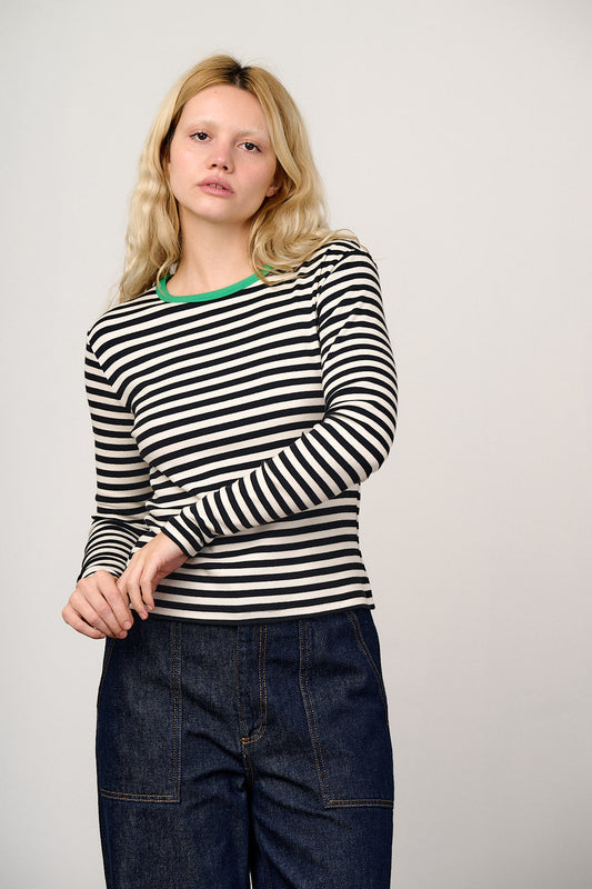 Grayson - Long Sleeve Top Cotton in Black & White Stripe