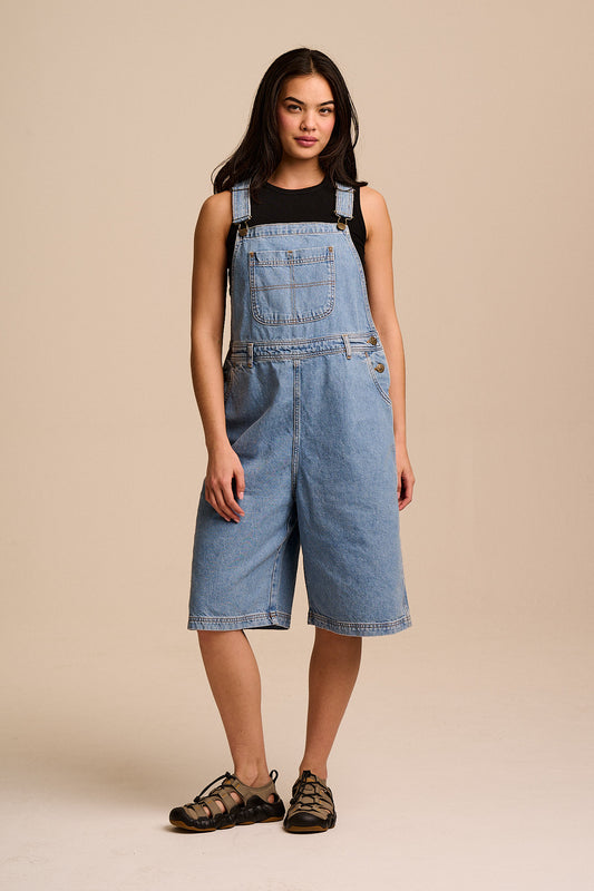 Jara - Knee Length Dungaree Shorts - Organic Cotton Denim in Light Wash with Metal Clasps