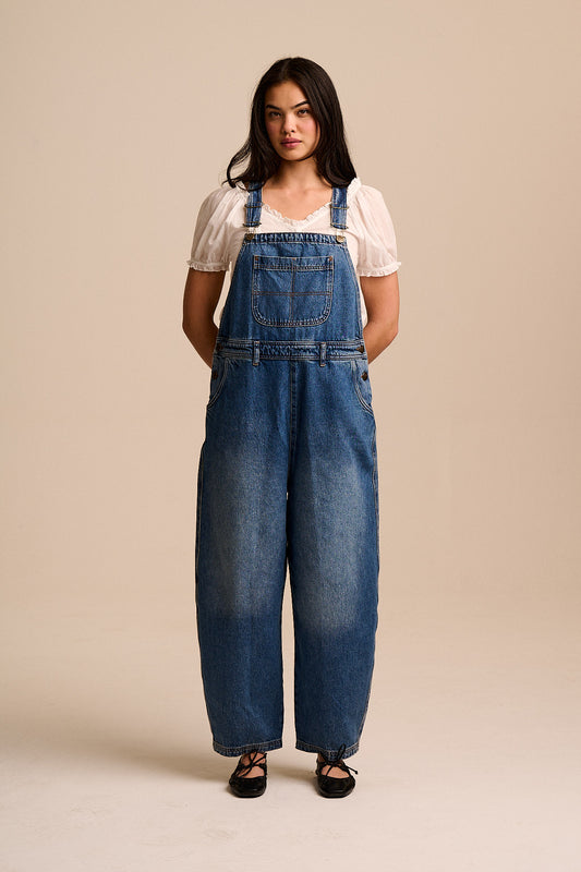Toluca - Barrel Leg Dungarees Organic Cotton Denim in Vintage Wash