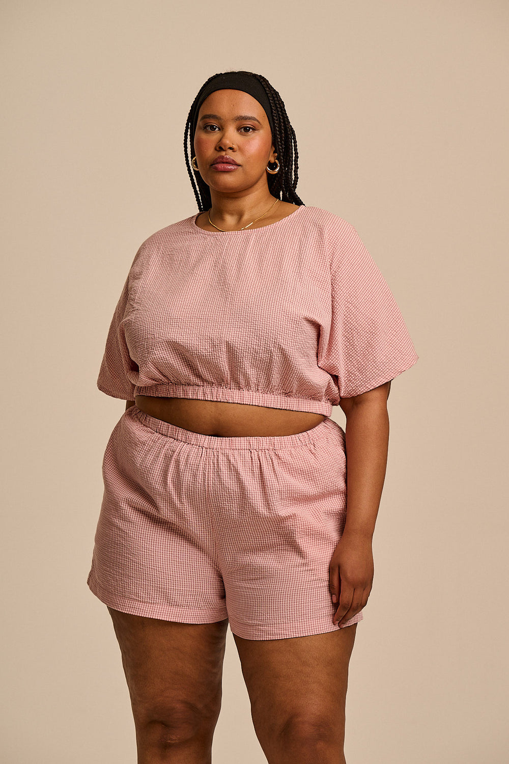 Popan - Relaxed Shorts Organic Cotton Seersucker in Pink Mini Gingham