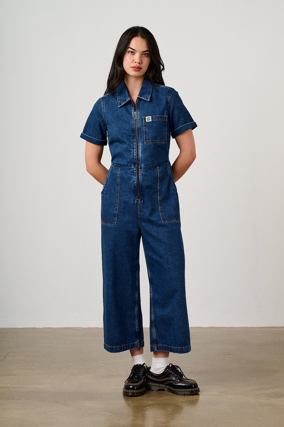 Ragan - Cropped Leg Jumpsuit Organic Cotton Denim in Mid Wash Blue