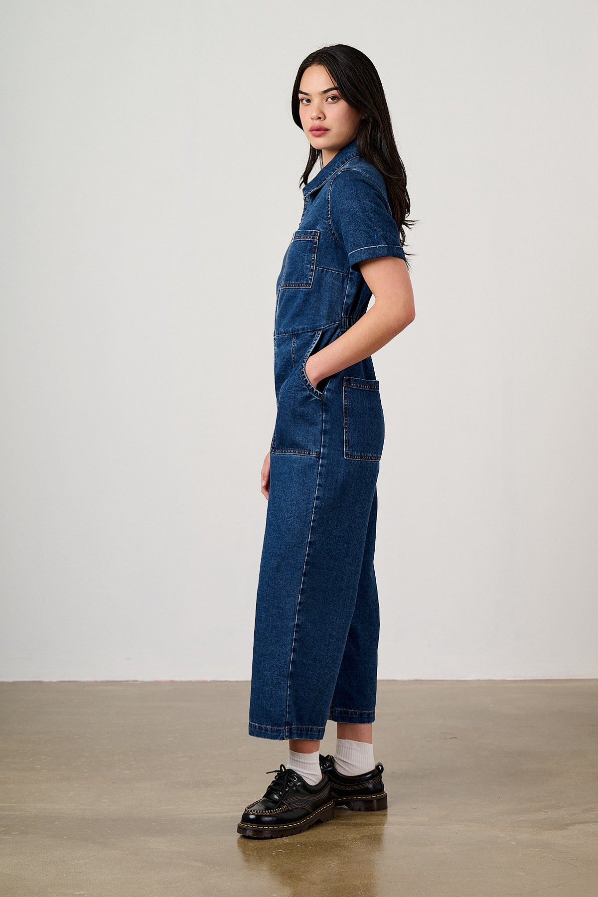 Ragan - Cropped Leg Jumpsuit Organic Cotton Denim in Mid Wash Blue