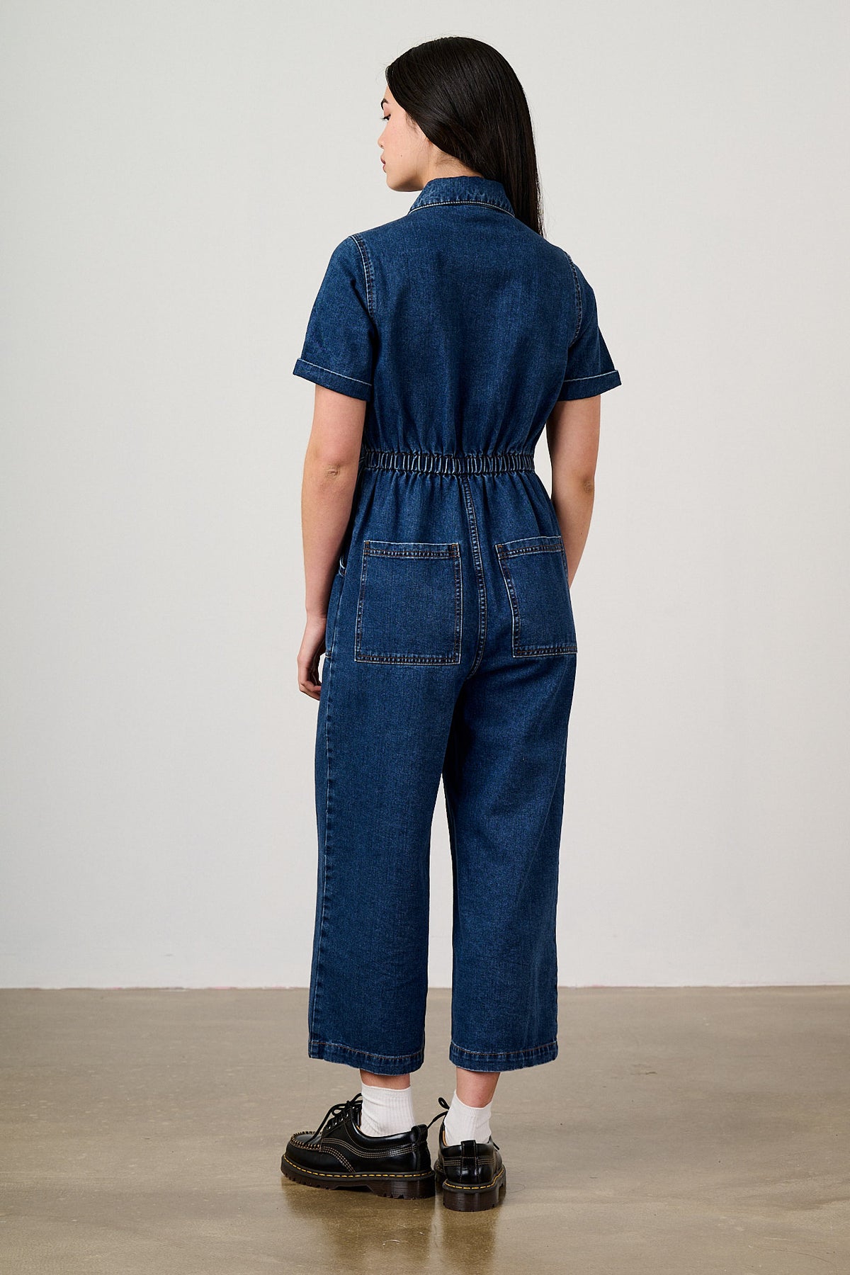 Ragan - Cropped Leg Jumpsuit Organic Cotton Denim in Mid Wash Blue