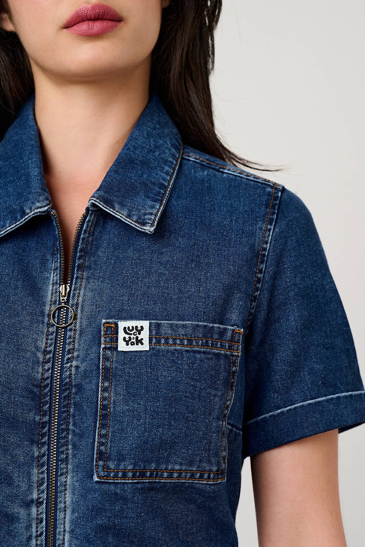 Ragan - Cropped Leg Jumpsuit Organic Cotton Denim in Mid Wash Blue