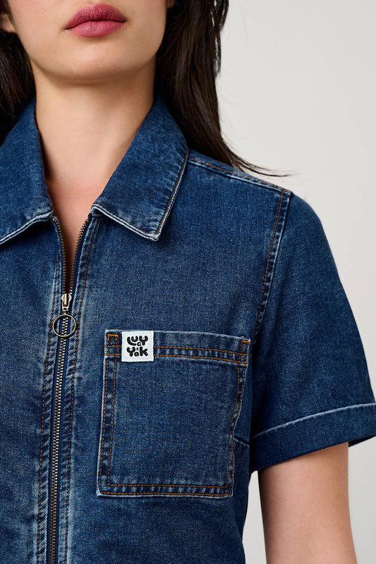 Ragan - Cropped Leg Jumpsuit Organic Cotton Denim in Mid Wash Blue