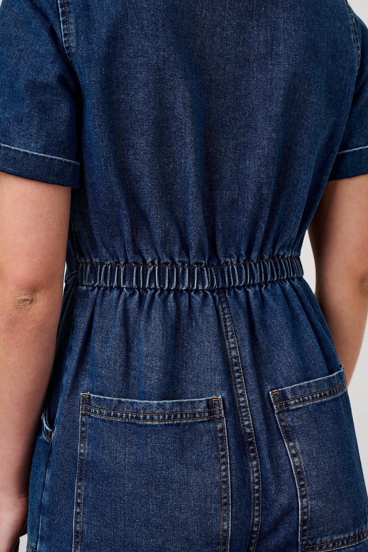 Ragan - Cropped Leg Jumpsuit Organic Cotton Denim in Mid Wash Blue