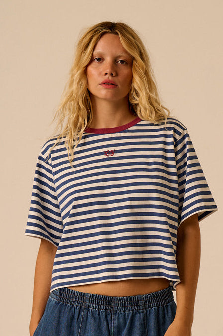 Zayla - Cropped Boxy T-Shirt Cotton in Navy & White Stripe